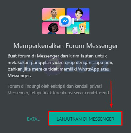 klik lanjutkan di messenger untuk melakukan video call Whatsapp Web
