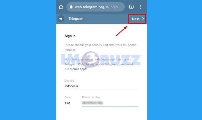 5. ketuk next untuk masuk telegram web tanpa verifikasi SMS