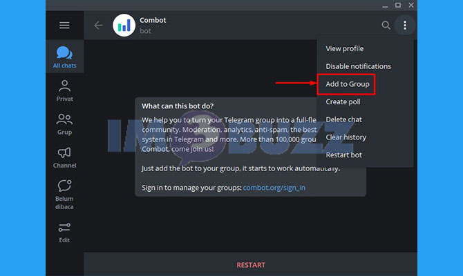 5. pilih add to group untuk menambahkan bot ke grup telegram